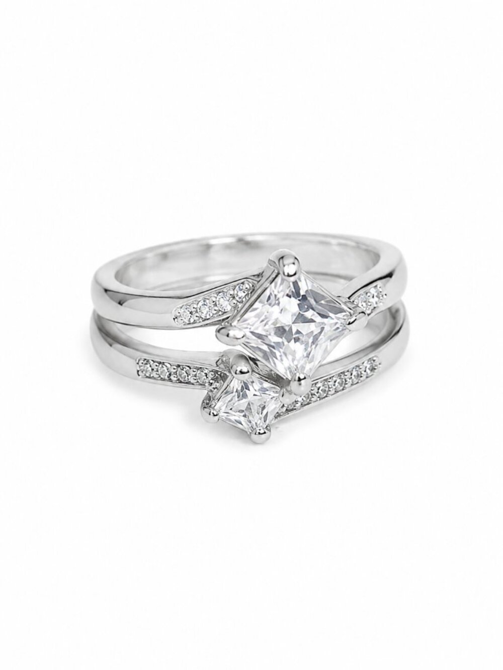 NIB 2pcs Bridal Stackable Rings Set Square Cut CZ Stone & Crystal Accents Size 9